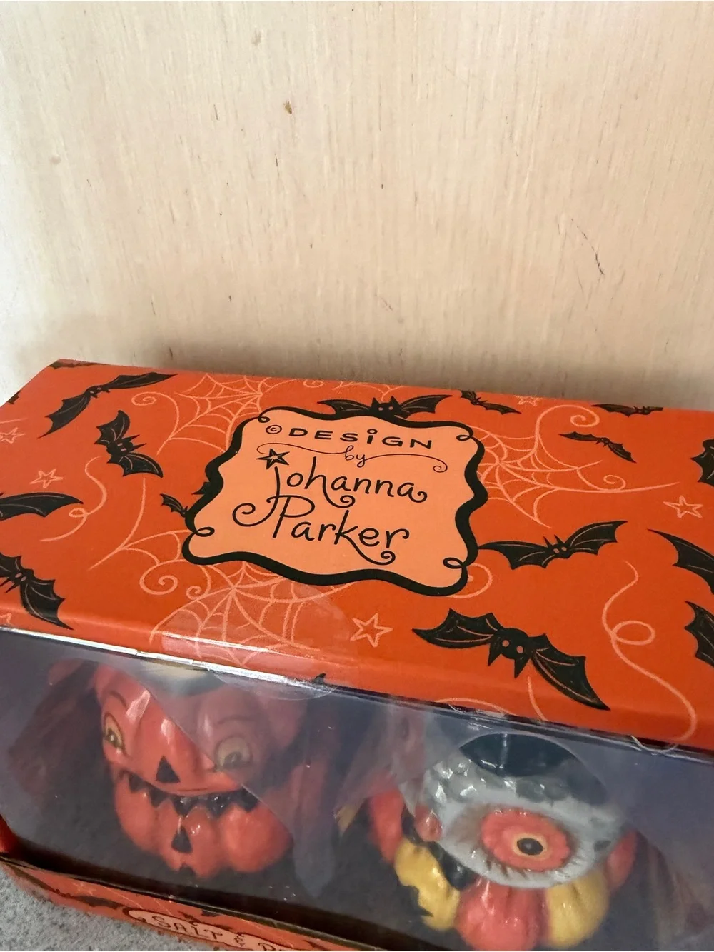 New Johanna Parker Salt & Pepper Shaker Set Halloween Vintage Style Owl Pumpkin